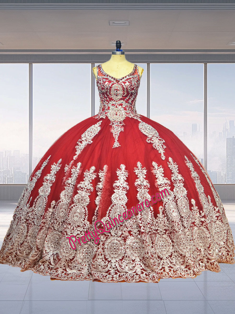 V-neckline Floor Length Wine Red Gold Keyhole Back Quinceanera Dress Custom Made