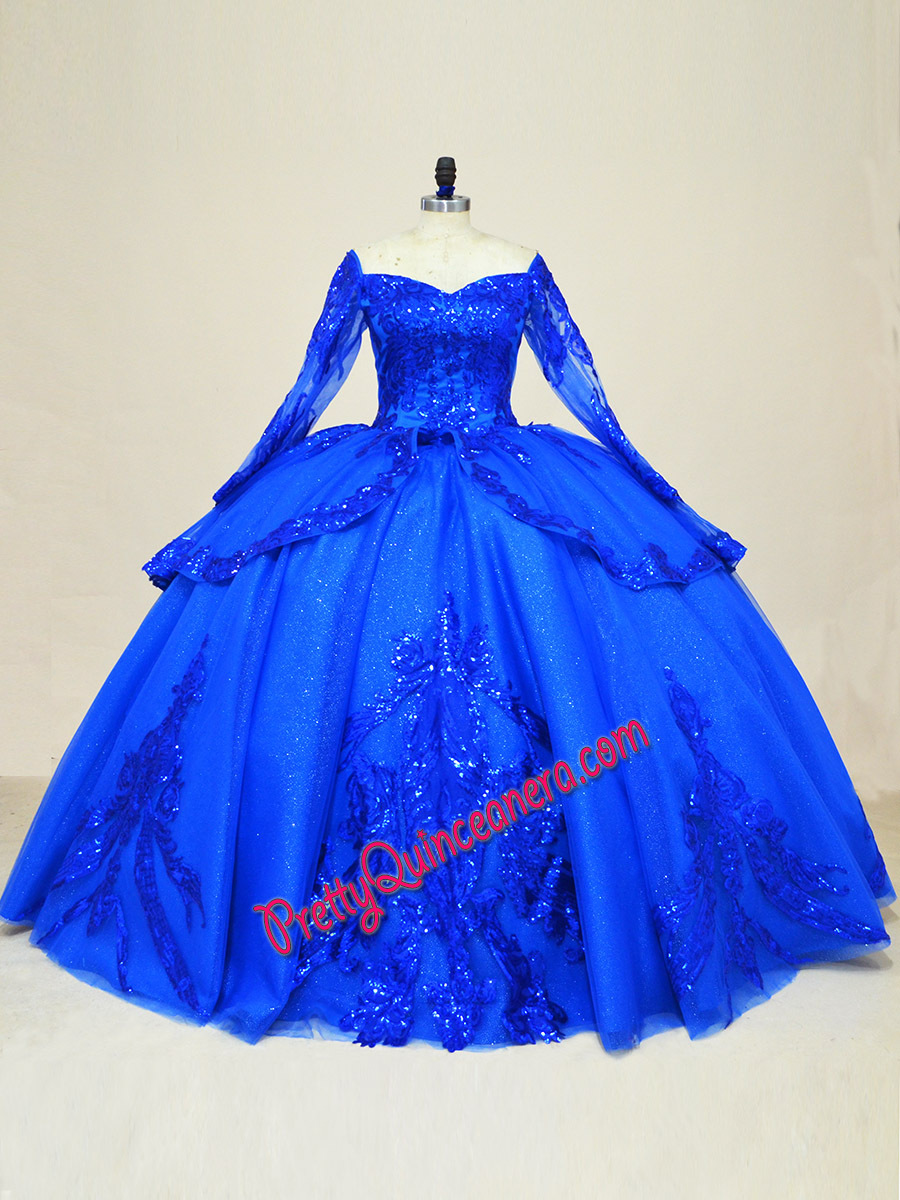 Cheap Royal Blue Long Sleeve Horsehair Hem Sequin Quince Dress with Sweep Train