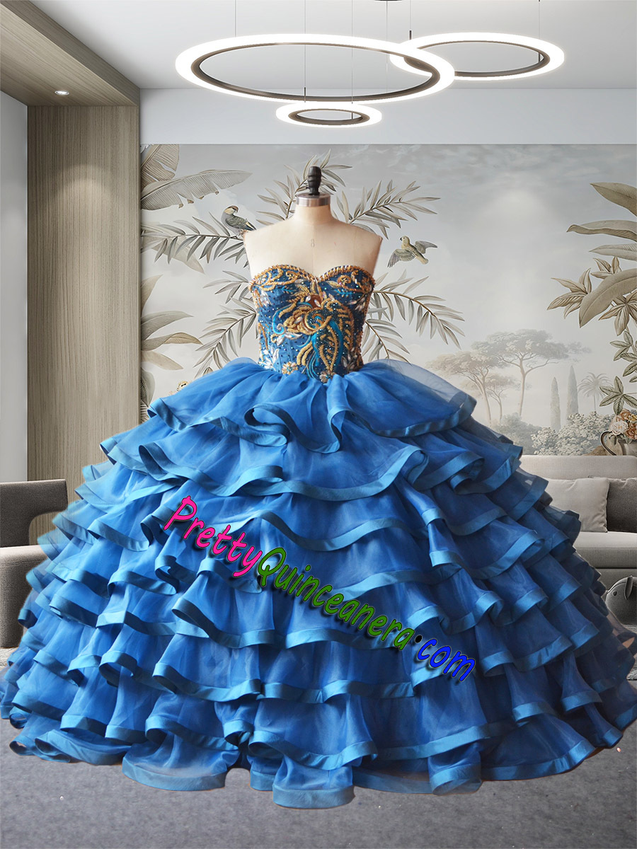 French Blue Ruffled Tiered Horsehead Embroidery Beading Quinceanera Dress Mexican Party