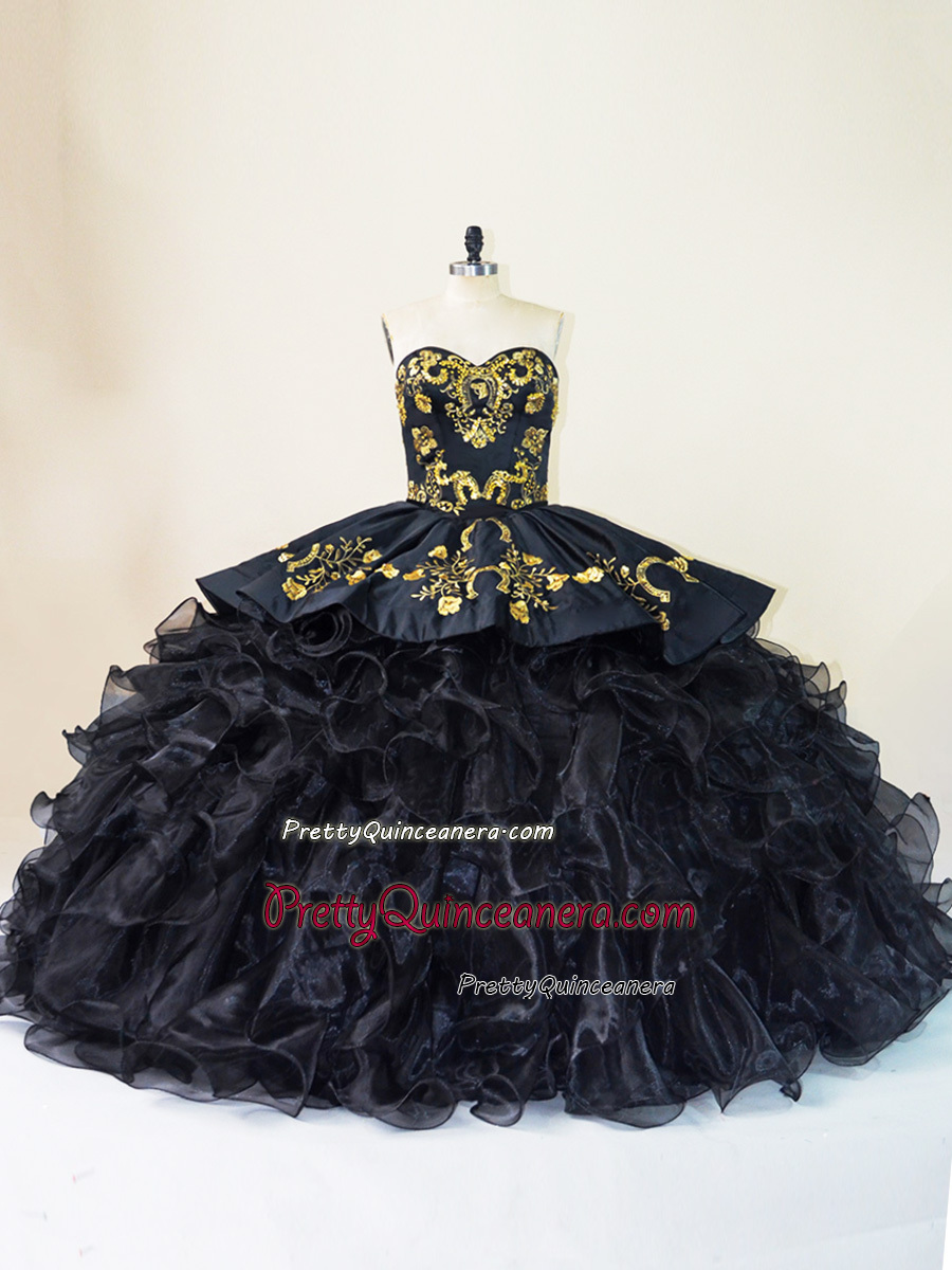 Black Gold Horseshoe Pattern Embroidery Ruffles Charro Quinceanera Dress with Sweep Train