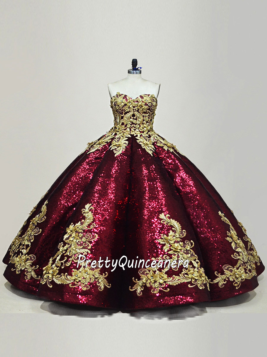 Burgundy Sequins 3D Puffy Skirt Gold 3D Apllliques Quinceanera Gown Floor Length