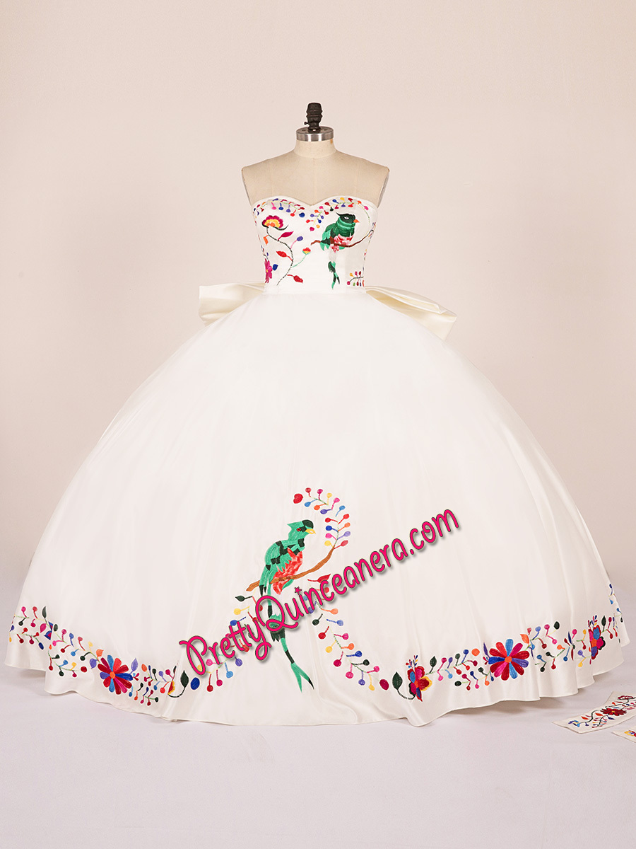 Mexican Charro Bird Flowers Embroidery Big Bow Back Satin Quinceanera Dress Detachable Sleeves