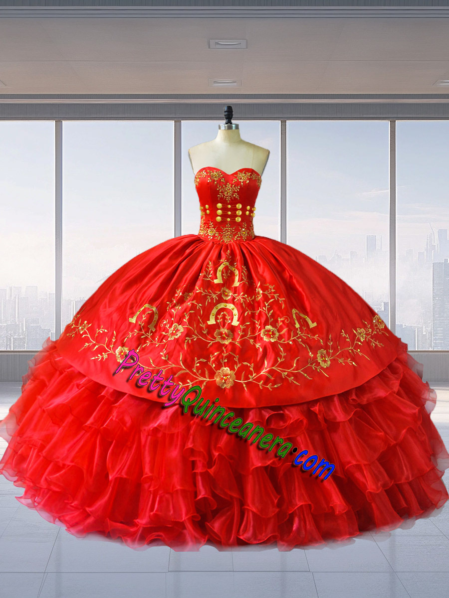 Mexico Sweetheart Horseshoe Floral Embroidery Ruffled Skirt Quinceanera Dress in Red Color