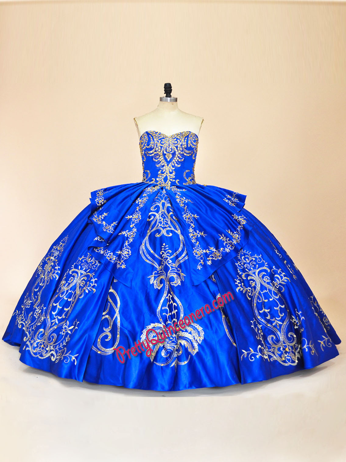 Mexico Theme Party Satin Gold Embroidery Sweetheart Quince Dress in Royal Blue with Sweep Train