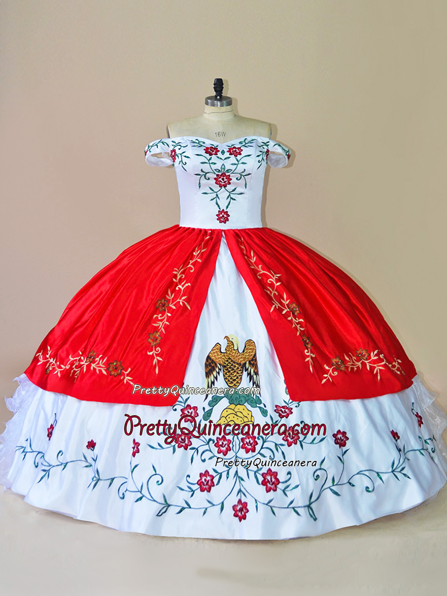 Mexico White Red Flowers Embroideried Eagle Flag Quinceanera Dress Ruffles Back without Train