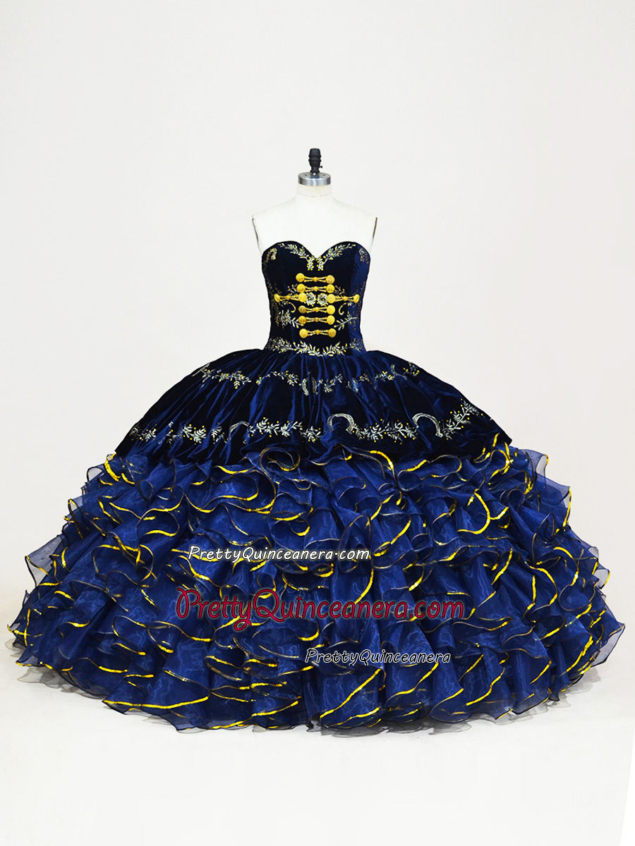 Navy Velvet Organza Ruffles Gold Hem Western Charra Quinceanera Dress Embroidered Flowers