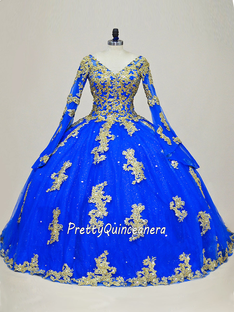 Royal Gold V Shape Neckline Long Pagoda Sleeves Quinceanera Dress Sweep Train