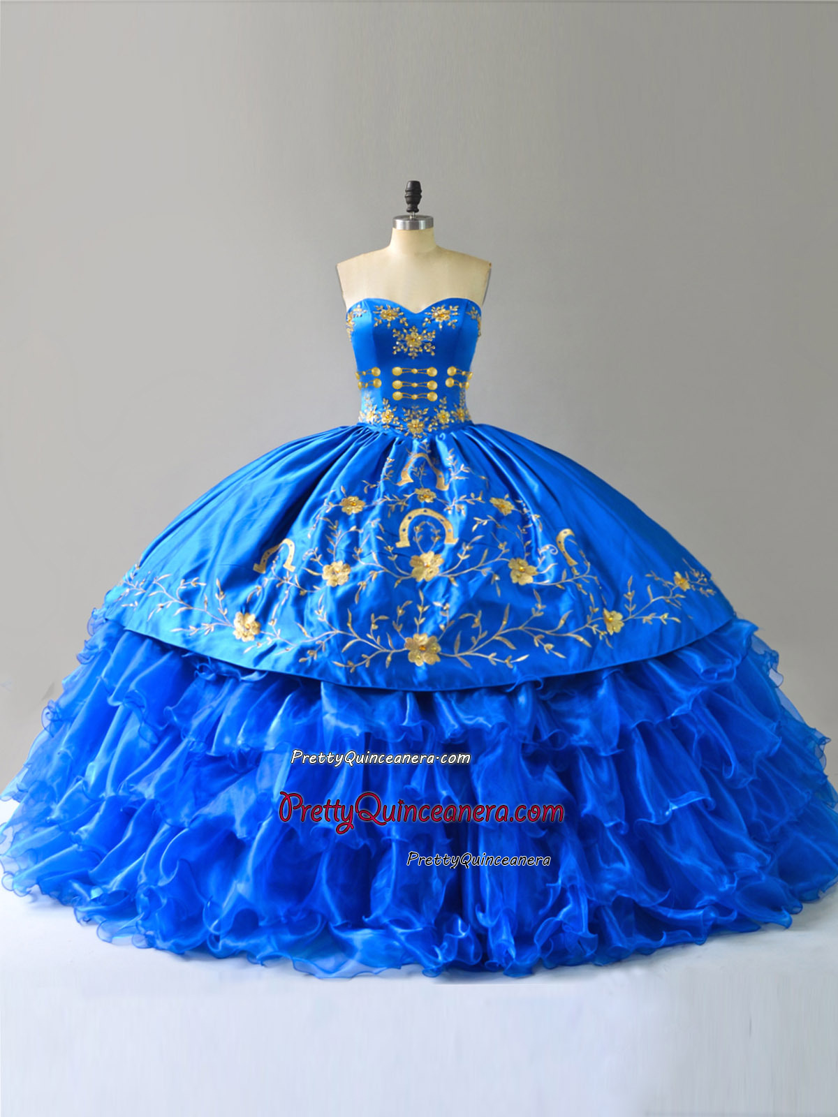 Royal Satin Organza Ruffles Gold Embroidery Buttons Charo Quince Gown Lace up Closure