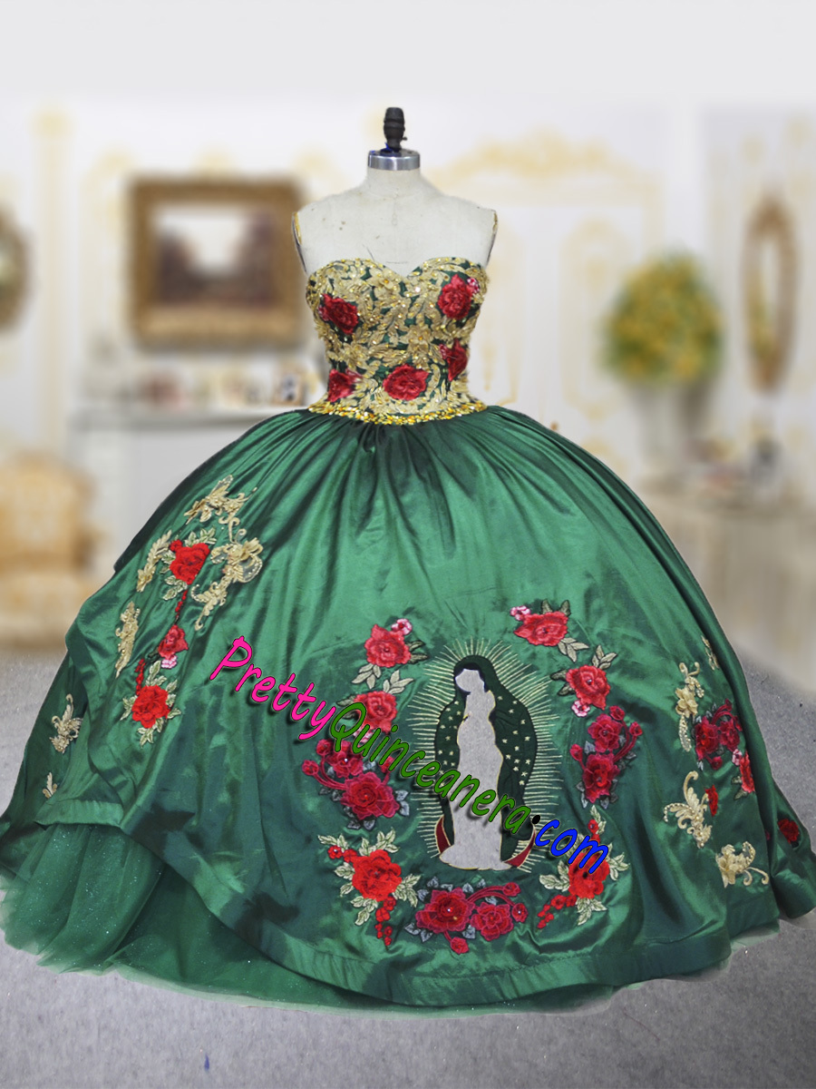 Virgen De Guadalupe Charo Style Quinceanera Dress Emerald Green Floral Ball Bow Back