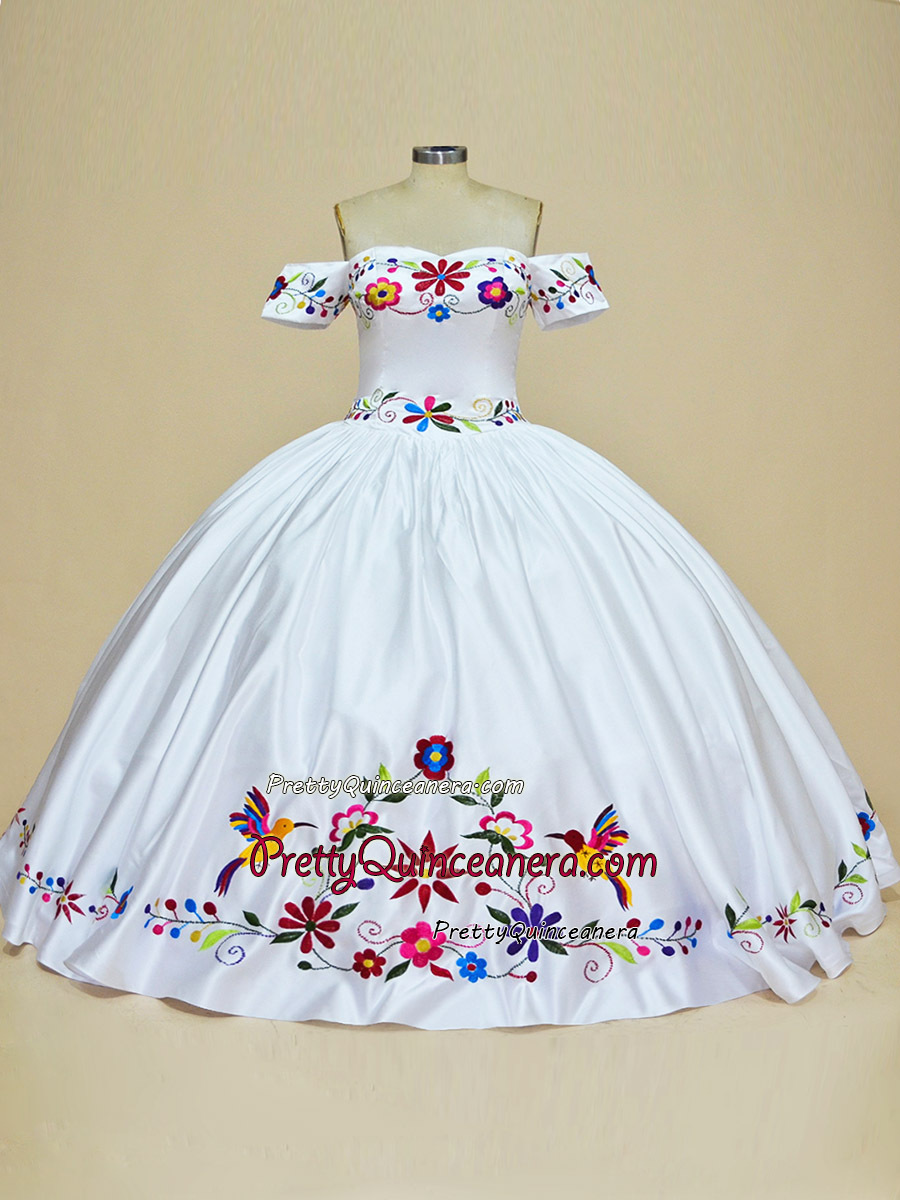 White Western Charo Hummingbird Embroidered Flowers Quinceanera Dress Big Bow Back