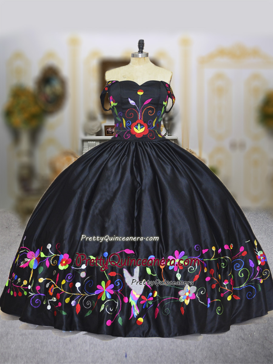 Black Satin Colorful Floral Embroidery Detachable Skirt Charo Quinceanera Dress for Mexico Party