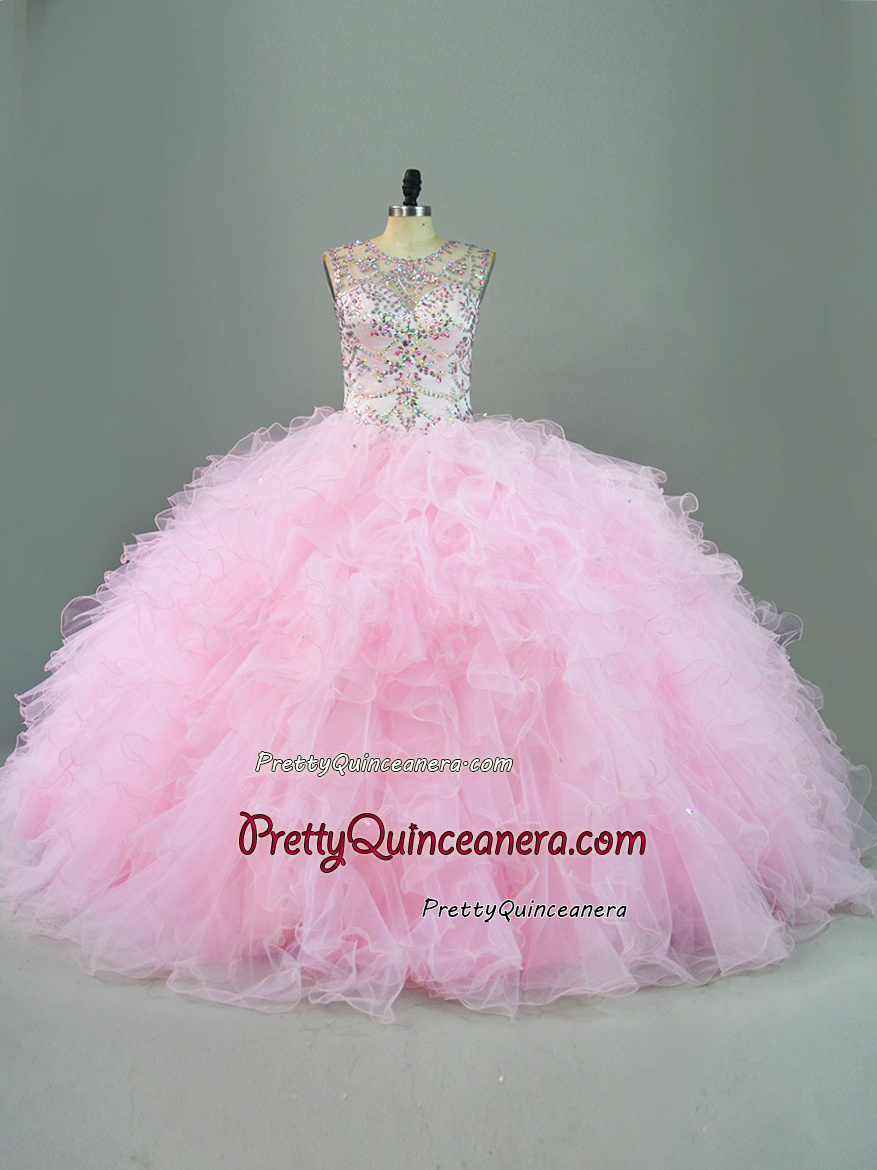 Inexpensive Crystal Beading Bodice Pink Ruffles Scoop Neckline Quinceanera Dress Custom Made