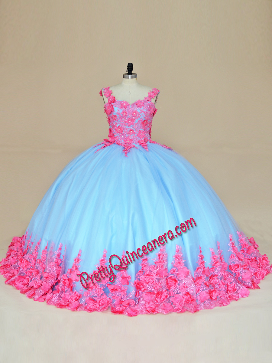 Light Blue Straps Chapel Train Fuchsia 3D Flowers Quinceanera Dress Lace Up Closure