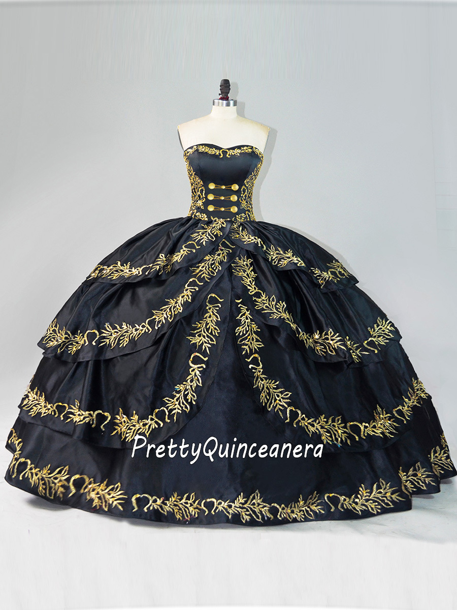 Mexican Western Black Satin Layers Gold Details Sweetheart Quinceanera Dress