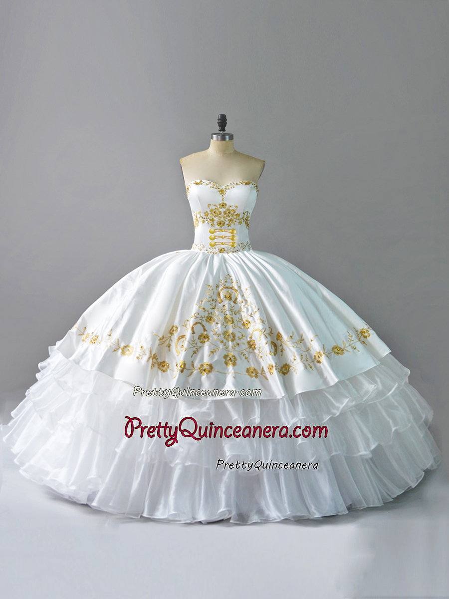 Mexico Theme White Ruffles Gold Embroidery Wedding Gown Charo Quinceanera Dress