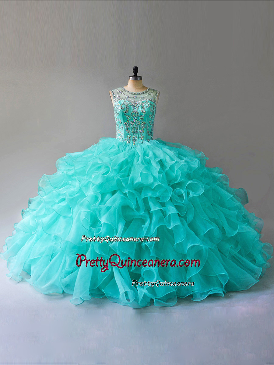 Mint Organza Ruffles Crystal Beaded Scoop Neck Keyhole Back Quinceanera Dress