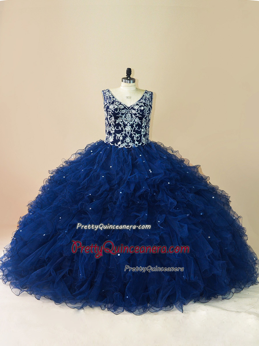 Navy Blue Ruffles V-neckline Silver Embroidery Open Back Quinceanera Dress for Cheap