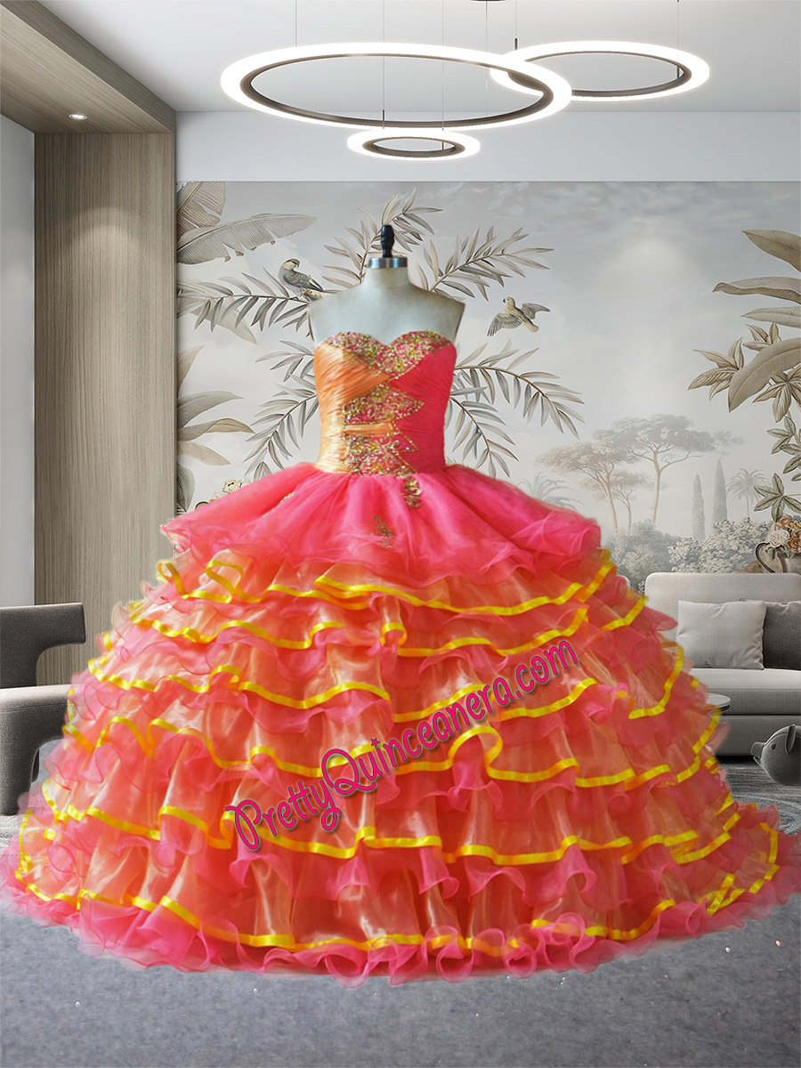 Perfect Two Tone Coral Multi Layers Gold Hem Quinceanera Gown with Sweep Train