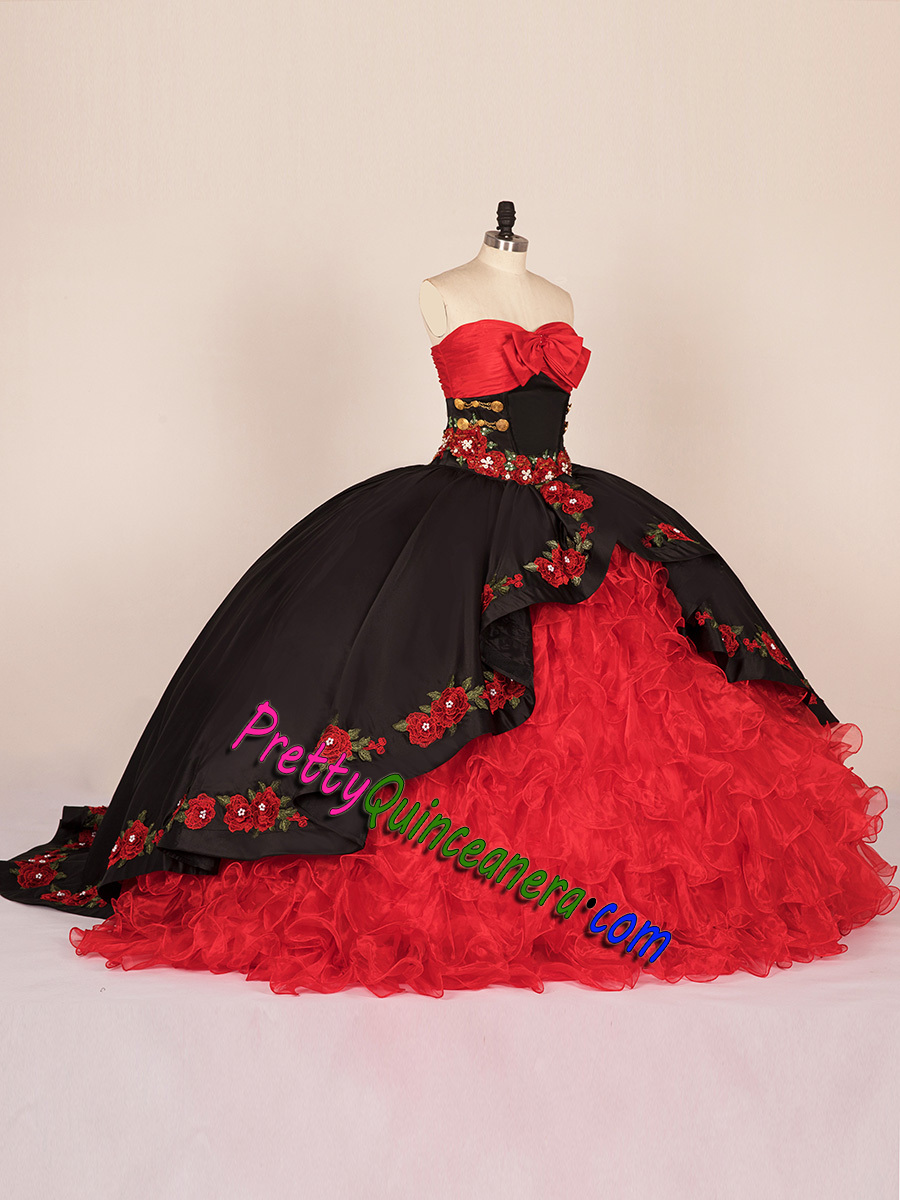 Black Red 3D Flowers Horsehair Hem Ruffle Quinceanera Dress with Bow Front and Buttons Back