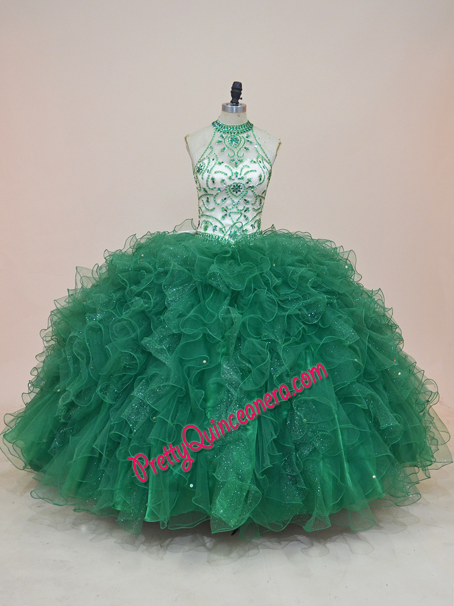 Classic 2 Tone Glitter Tulle Halter Neck Beaded Bodice Keyhole Back Ruffled Quinceanera Dress