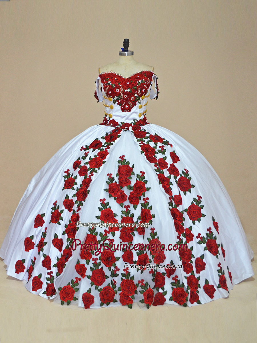 Custom Design 3D Rose Flower Off Shoulder Mexico Quinceanera Dress Sweep Train