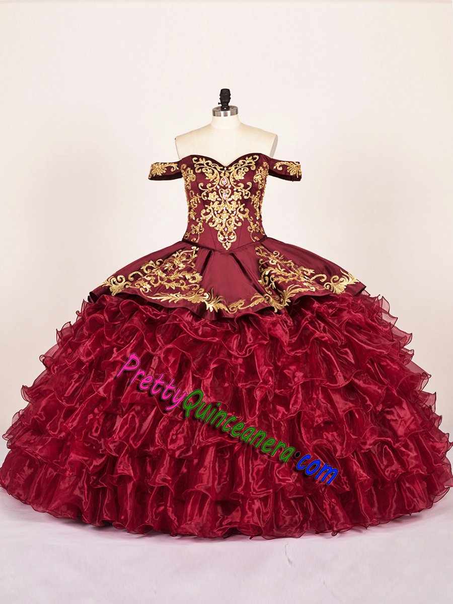 Mexican Off Shoulder Golden Embroidery Ruffled Burgundy Quince Gown Sweep Train