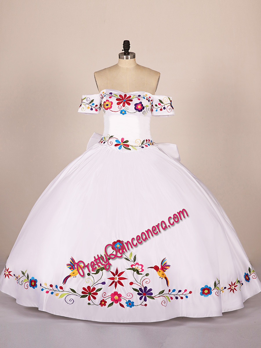 Mexico Theme White Satin Charo Floral Embroidery Bow Back Quinceanera Gown XV Dress