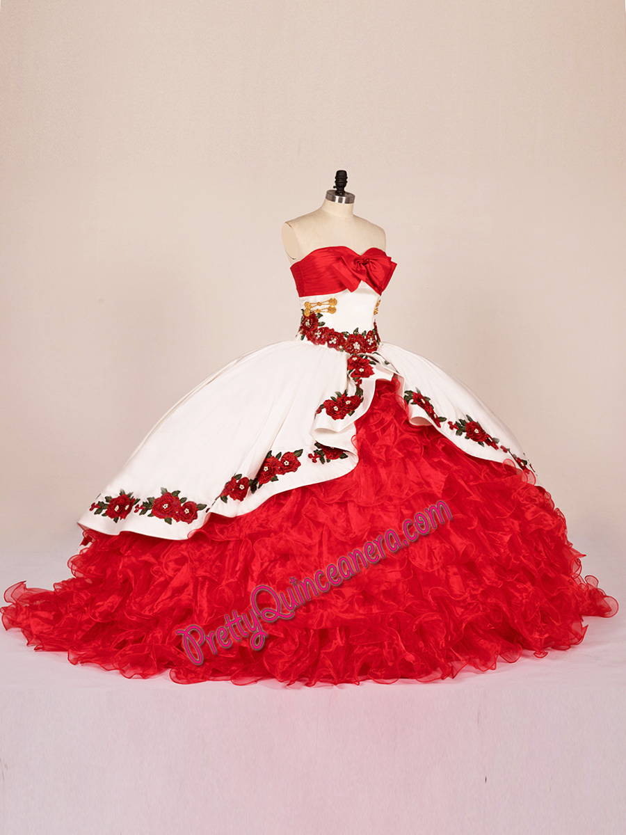 Pearls Beading Red 3D Floral Embroidered Quinceanera Dress Charro Mexican Bow Front