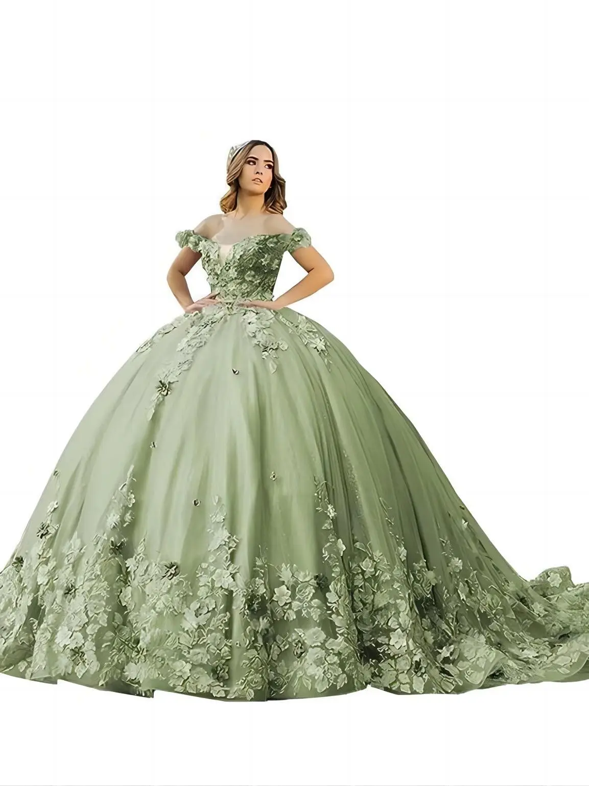 Sage Green 3D Floral Beaded Glitter Tulle Long Train Quinceanera Dress With Applique