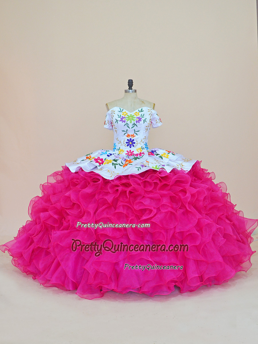 Short Sleeve Off Shoulder Flower Embroidery Ruffles Quinceanera Gown in White Fuchsia