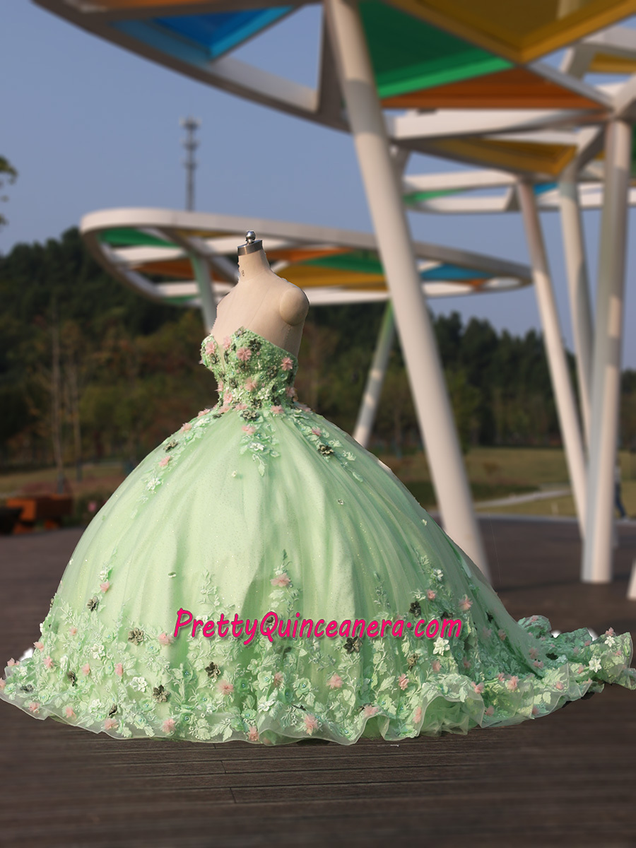 Spring Green Sweetheart 3D Flowers Chapel Train Quinceanera Dress Glitter Tulle