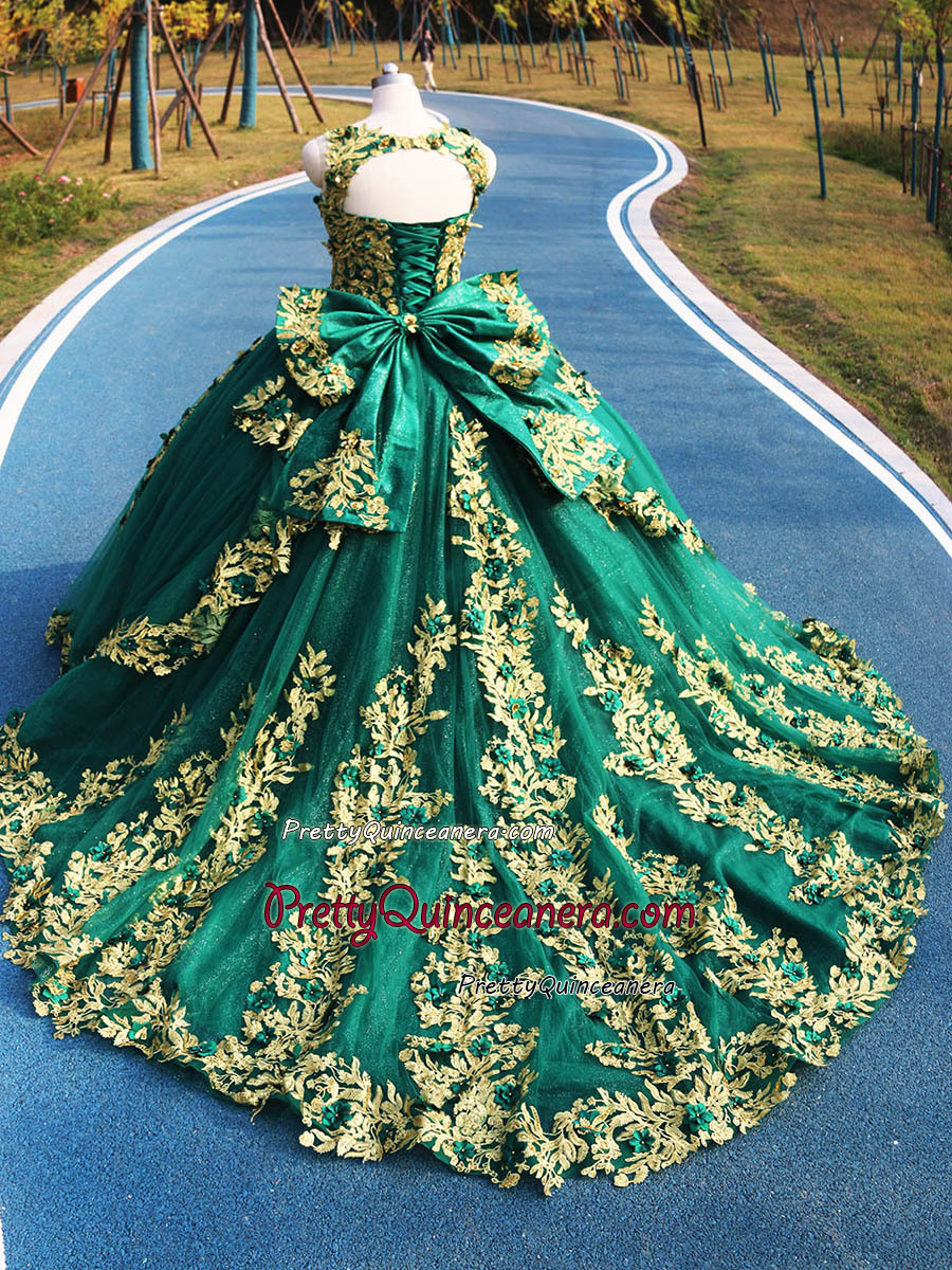 Glitter Tulle 3D Floral Detachable Straps Long Royal Train Quinceanera Dress Cutout Back