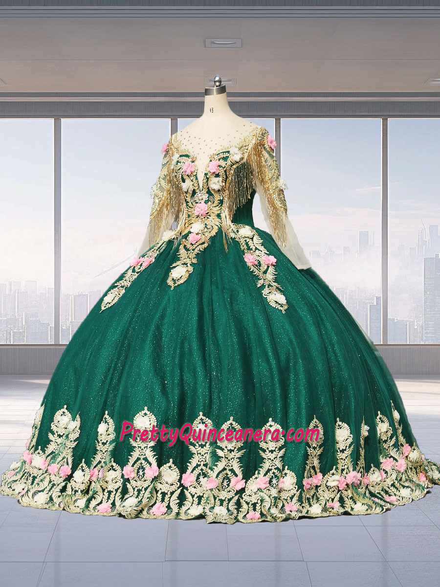 Custom Design Scoop Neckline Long Sleeve 3D Handmade Flowers Quinceanera Dress with Sweet Train