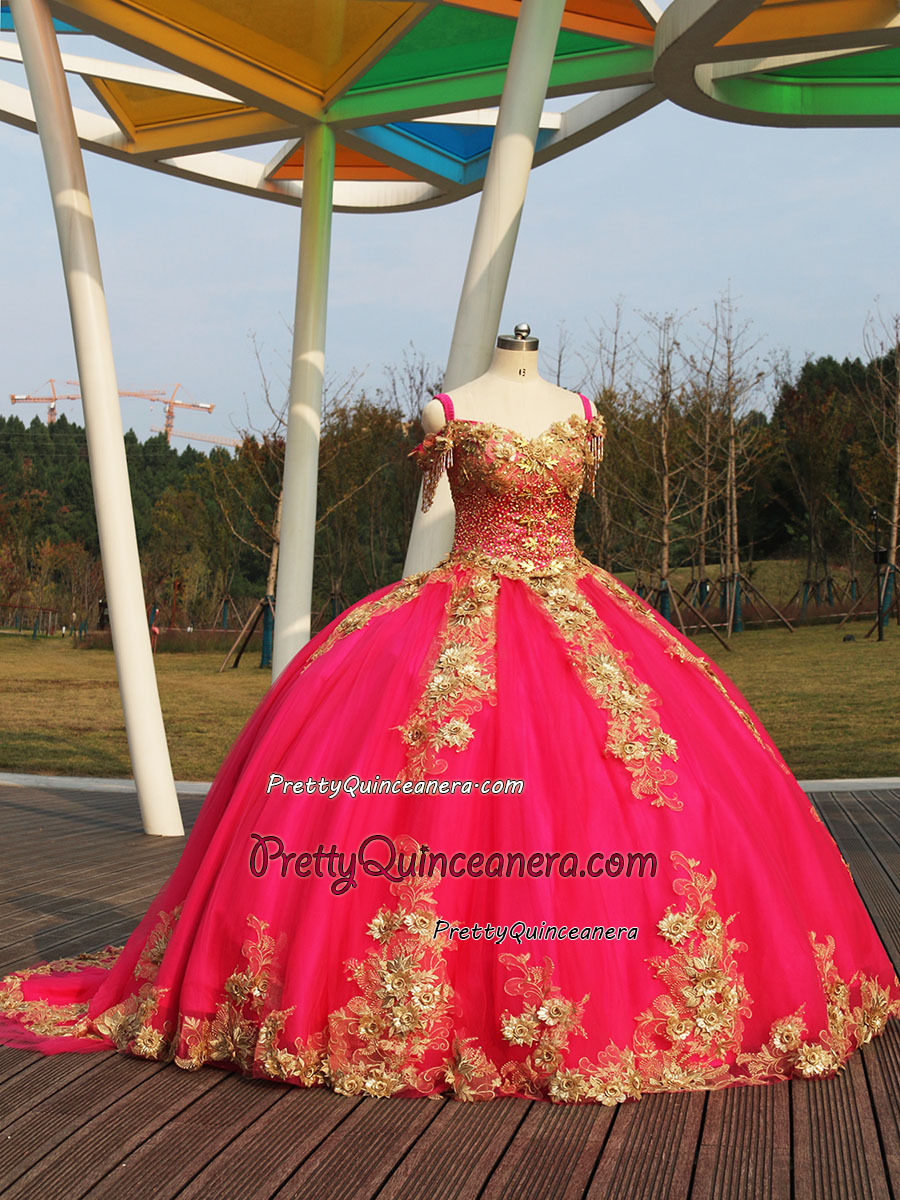 Fuchsia Beaded Bodice Off Shoulder Gold 3D Flowers Quinceanera Gown with Train Can be Custom Made