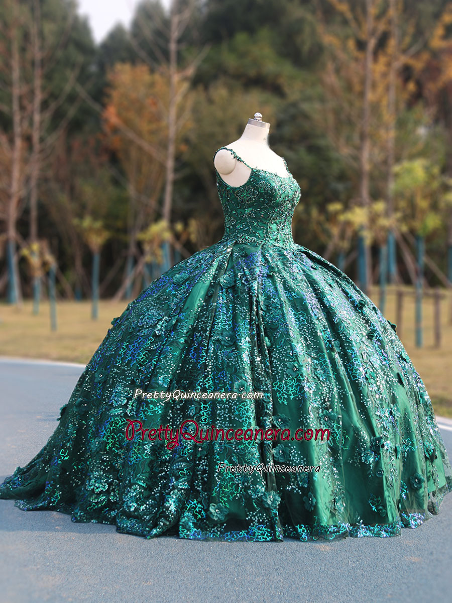 Spaghetti Strap Glitter Sequin Embroidery Hand-beaded 3D flowers Pleated Skirt Quinceanera Gown