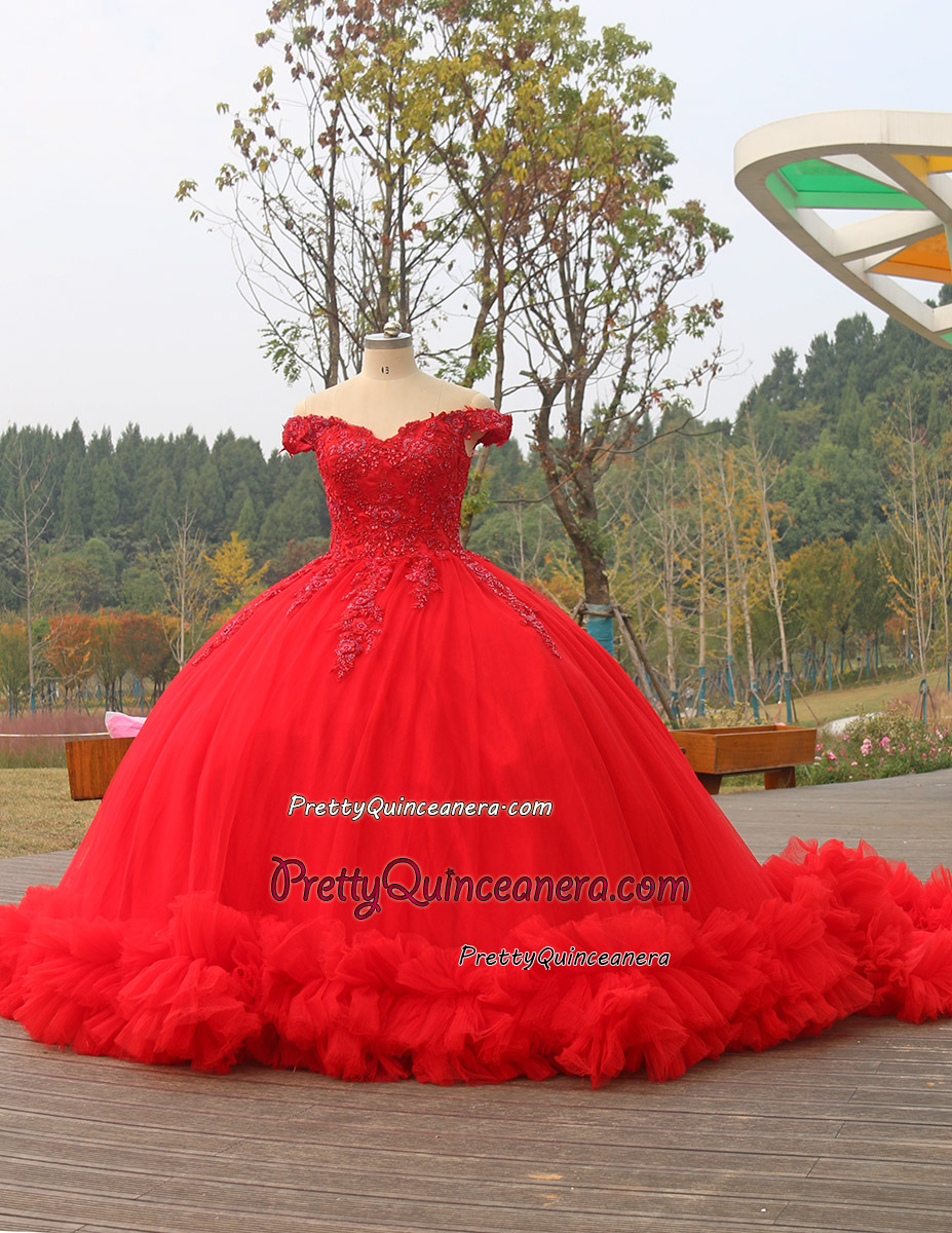 Wholesale Red Beading Long Chapel Train Tulle Ruffled Hem Skirt Quince Gown Off Shoulder Ball Gown