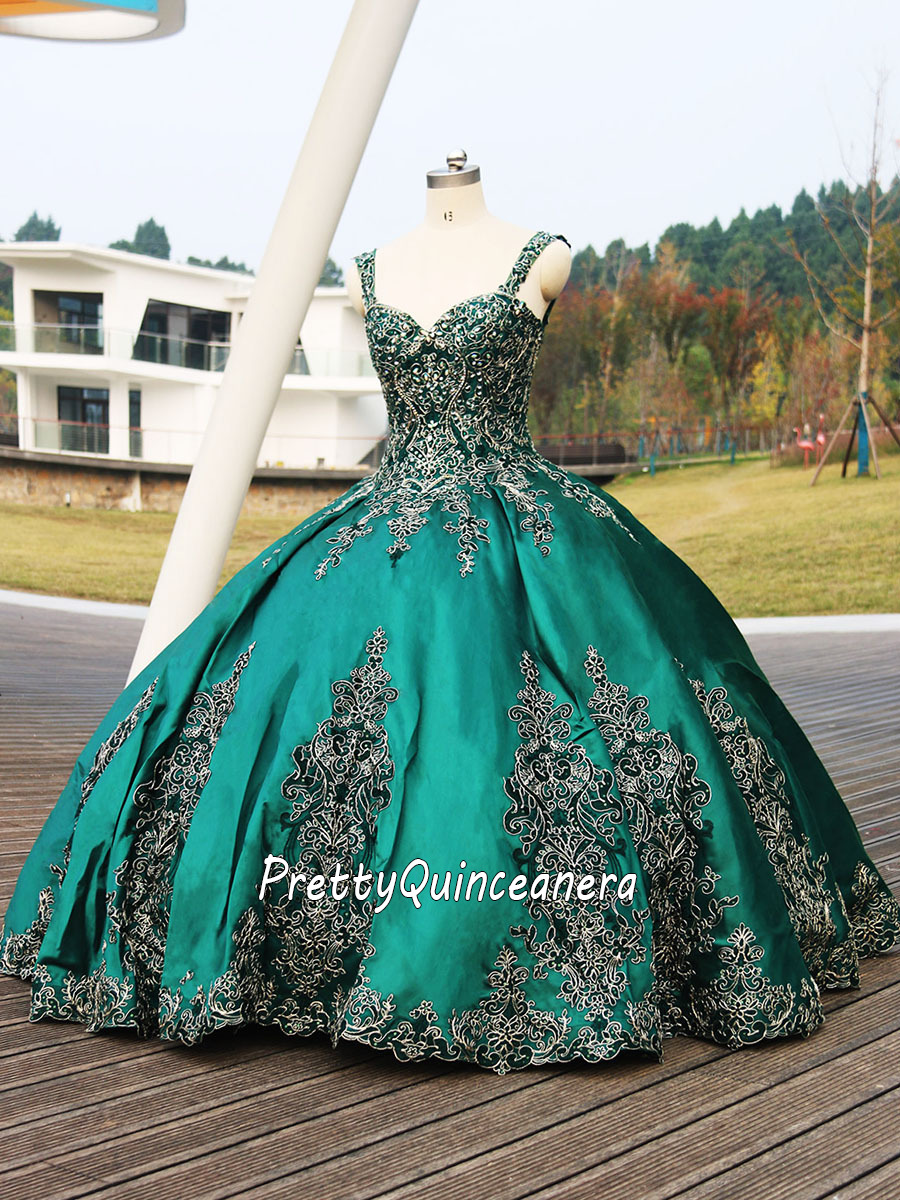 Affordable Emerald Green Satin Beaded Champagne Gold Appliques Quinceanera Dress with Straps