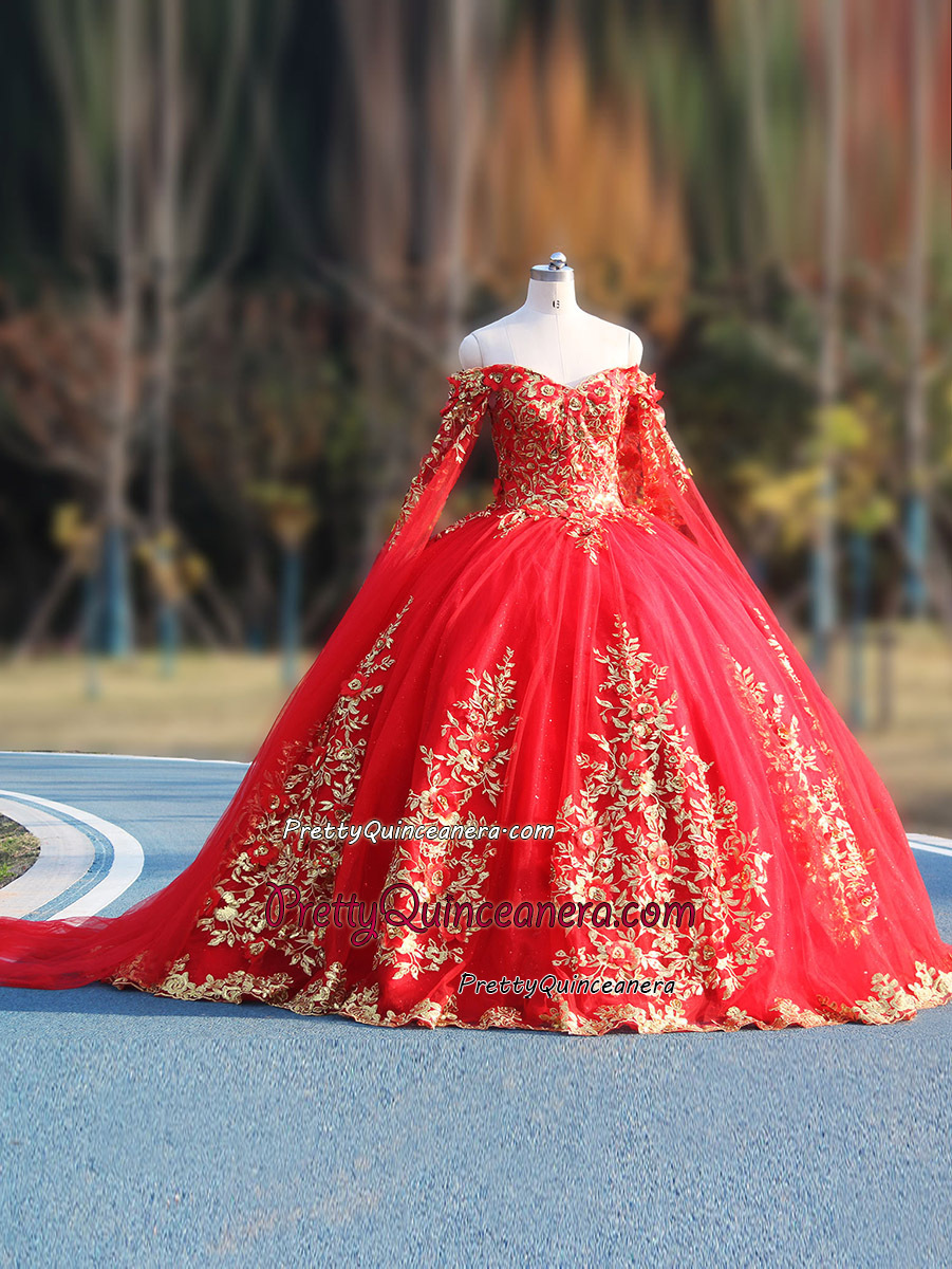 Bright Red Gold Glitter 3D Flowers Embroidered Lace Off Shoulder Quinceanera Dress with Cape