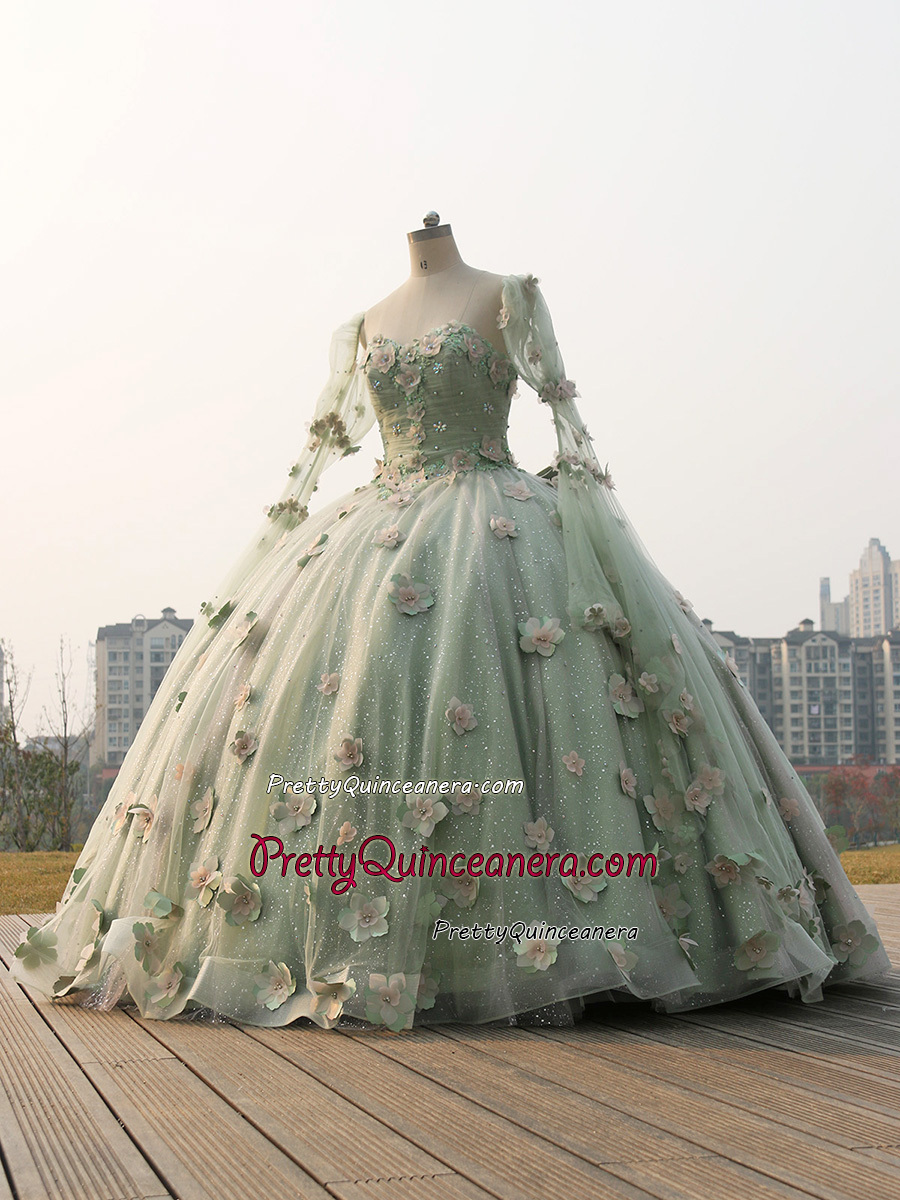 Light Sage 15 Quinceanera Ball Gown Detachable Long Sleeves 3D Flower Glitter Tulle Vestidos De Birthday Party