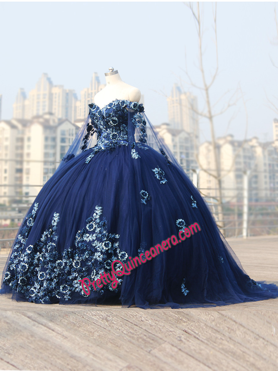 Off Shoulder with Cape Detachable Sleeves 3D lace Floral Quinceanera Dress Navy Blue