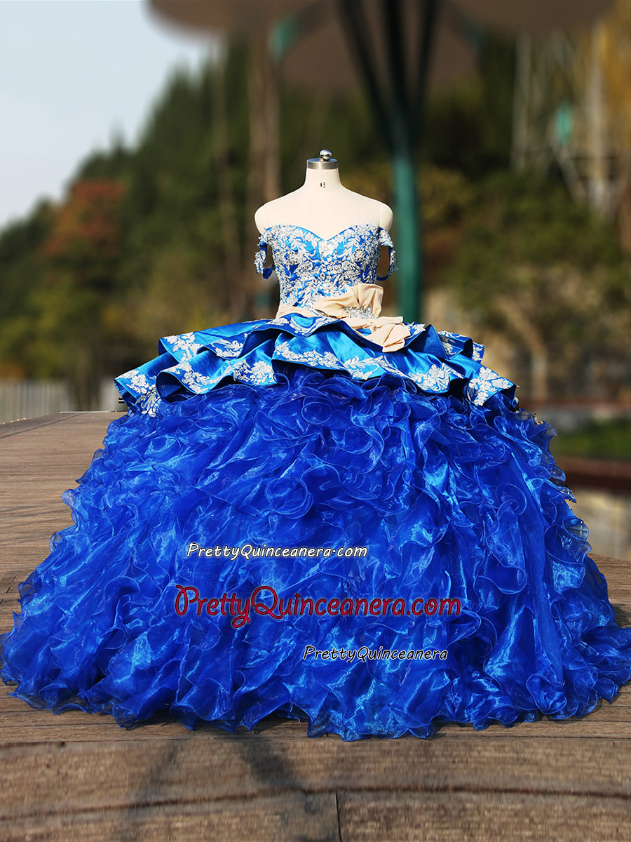 Pleated Cotton Waist Detachable Bow Straps Ruffled Semi-cathedral Train Quinceanera Dress Royal Blue