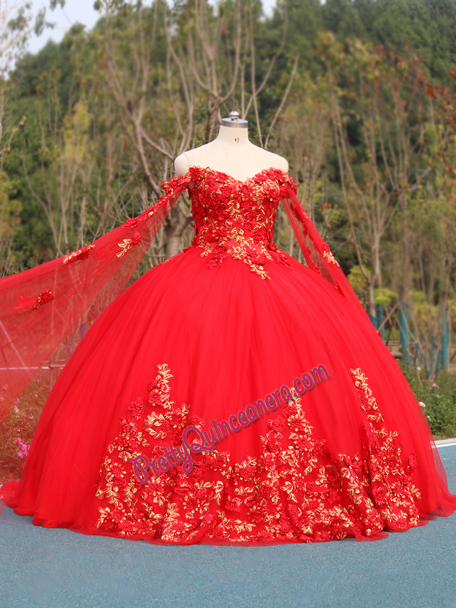 RED Removable Long Cap Sleeve Sweep Train 3D Flowers Quinceanera Dress Lace-up Back