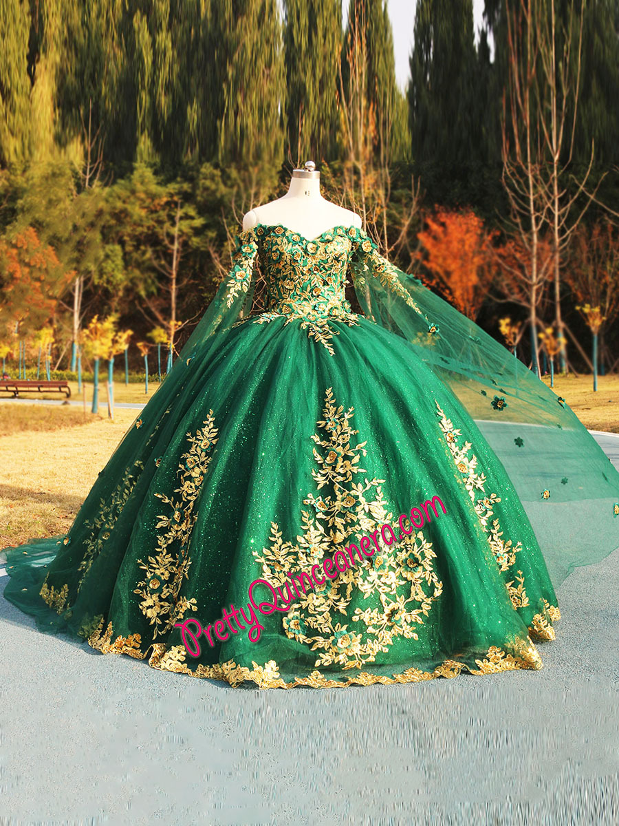 Three-dimensional Floral Patterned Emerald Green and Gold Quinceañera Dress with Cape