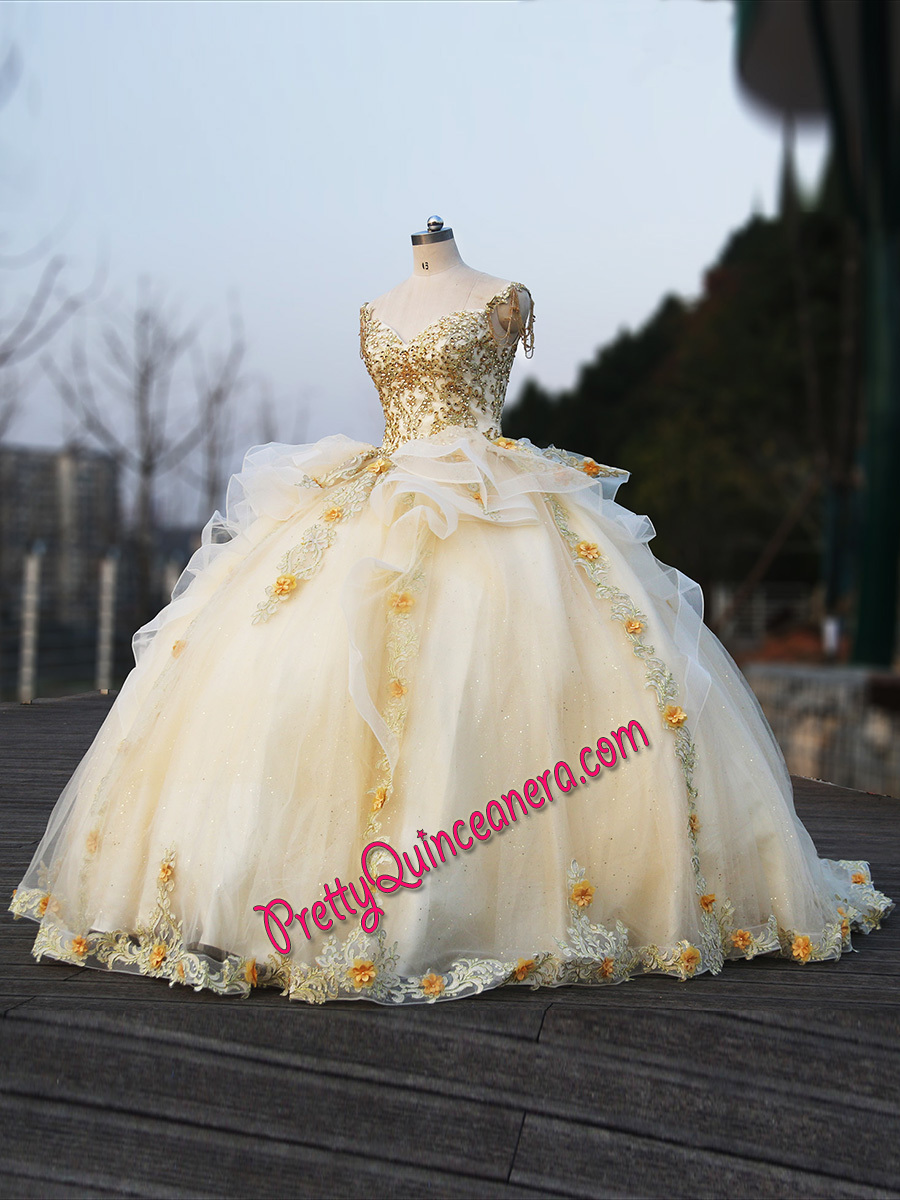 Glitter Tulle Champagne Straps 3D Flowers Ruffles Quinceanera Gown Matching Bolero Jacket