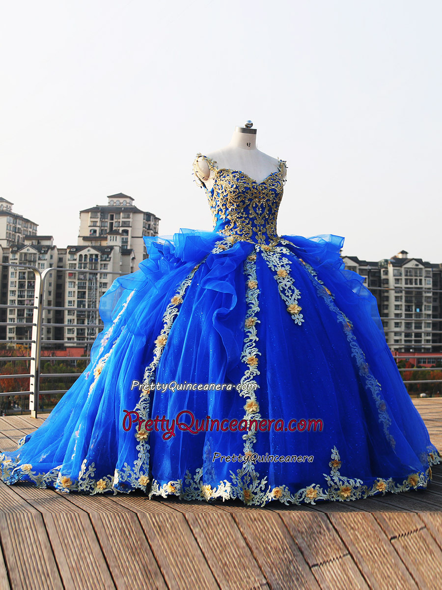 Royal Gold Ruffle Skirt Fringe Spaghetti Straps 3D Flowers Quinceanera Dress Horsehair Edging