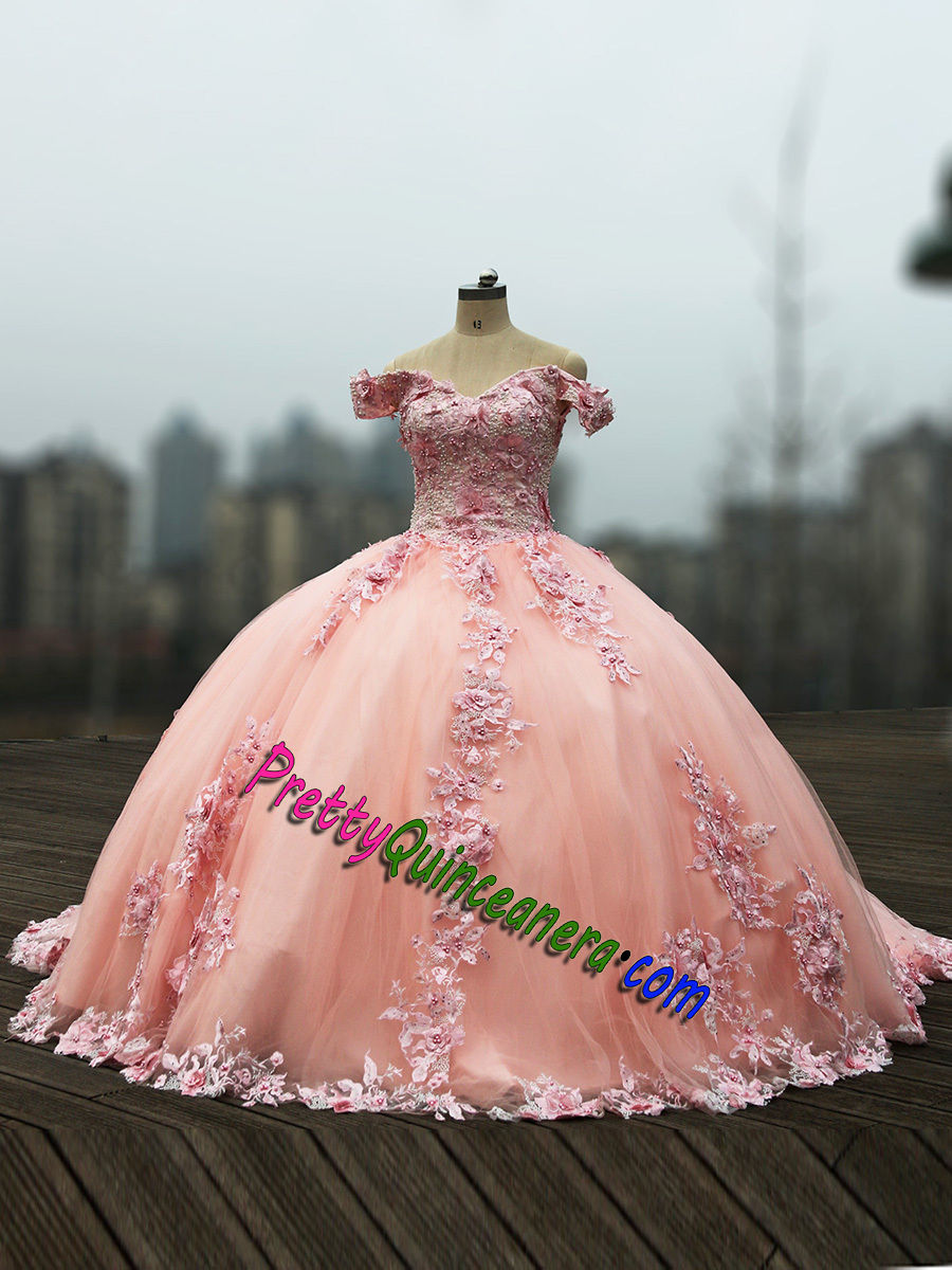 Timeless Blush Pink 3D Flowers Off Shoulder Sweep Train Quince Dress Wholesale Price