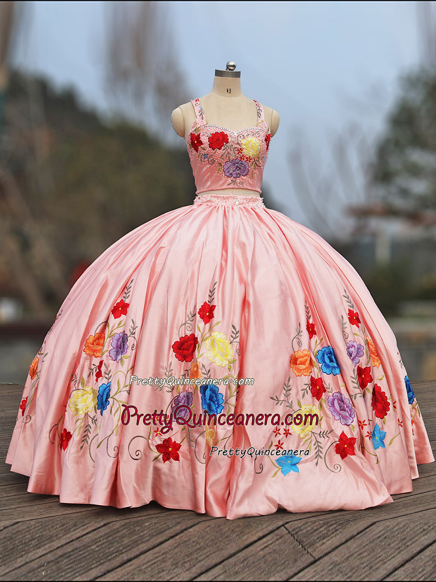 Two Pieces Strap Pink Satin Colorful Floral Embroidery Crystal Beaded Charro Quinceanera Dress