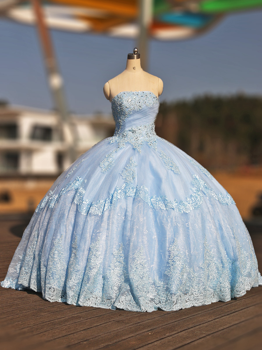 Azure Light Blue Glitter Lace Strapless Detachable Royal Scallop Train Quinceanera Dress