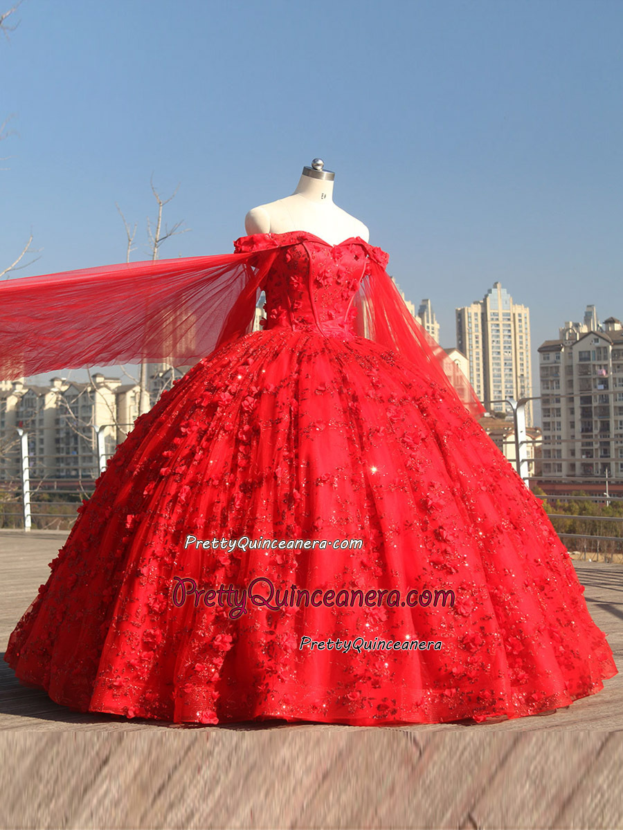 Cheap Glitter Cut-Away Shoulder Sweetheart Glitter Mesh 3D Flowers Floral Quinceanera Dress Wholesale