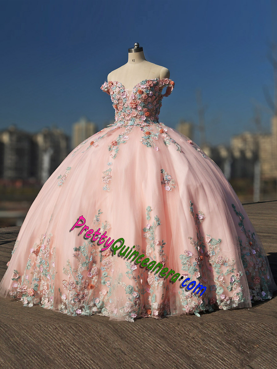 Elegant Multi Color Beaded Lace 3D Flowers Blush Quinceanera Dress Off Shoulder Lace Up Back